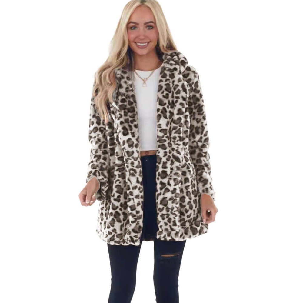 European and American Cross-Border Autumn Winter Leopard Print Faux Fur Women's Fashionable Elegant Side Pocket Loose Furry Coat