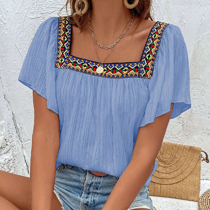 Cross-Border Foreign Trade European and American Summer Vacation Lace Embroidery Square Neck Shirt Pullover Ruffle Short Sleeve Backless Blouse Women&