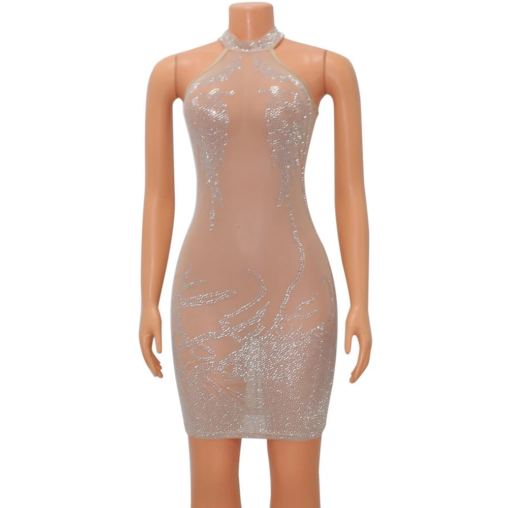 Sexy Mesh Diamond Short Ball Evening Mini Dress See Through Womens Nightclub Party Diamond Tight Dress 250403