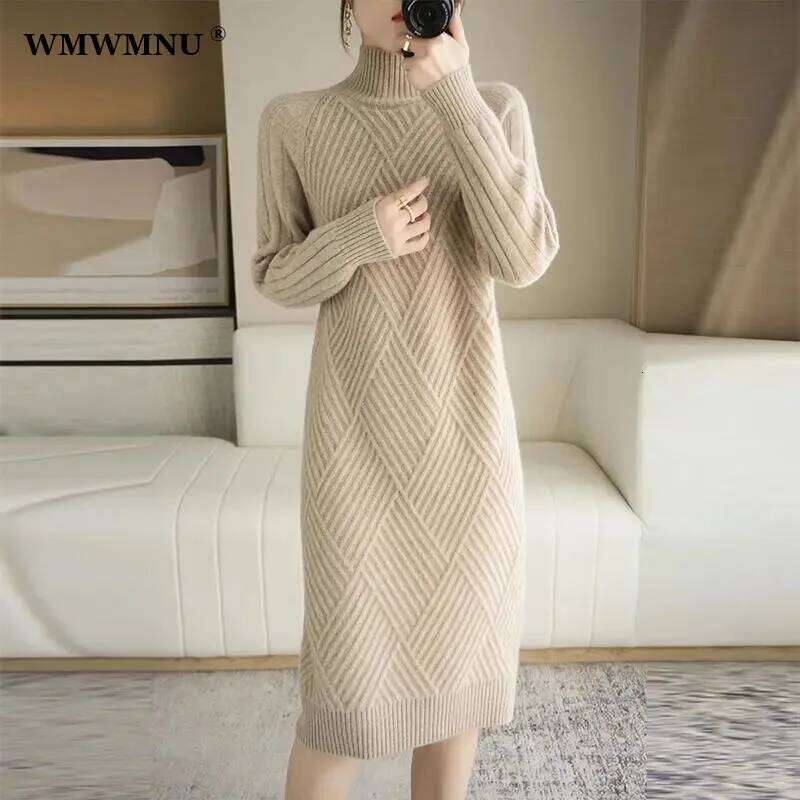 Long Sleeve Bottoming Knitted Autumn Winter Warm Korean Turtleneck Straight Sweater Dresses Women Casual Knee-Length