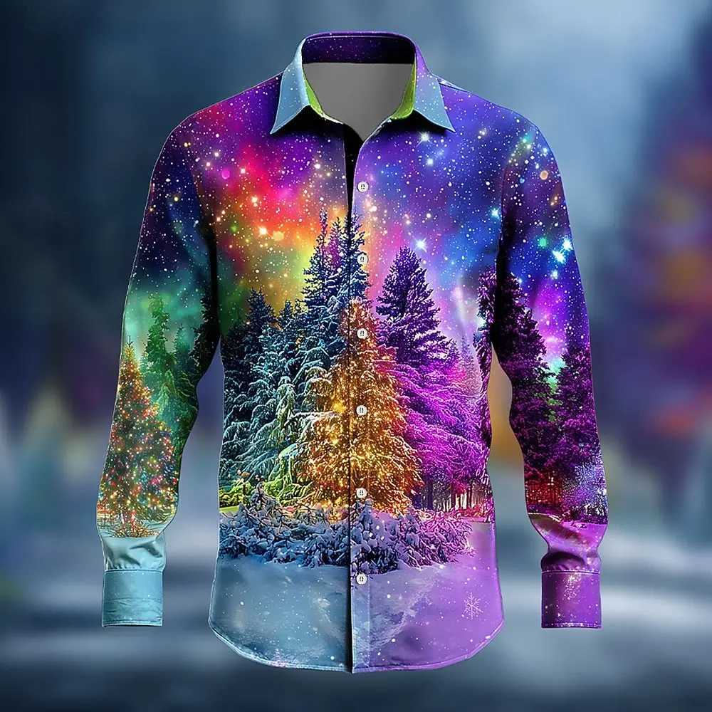 Fashion Mens Long Sleeve Shirt 2025 Christmas Tree Aurora Christmas Casaul Costume Shirt Streetwear Comfort Slim Fit Shirts K251110