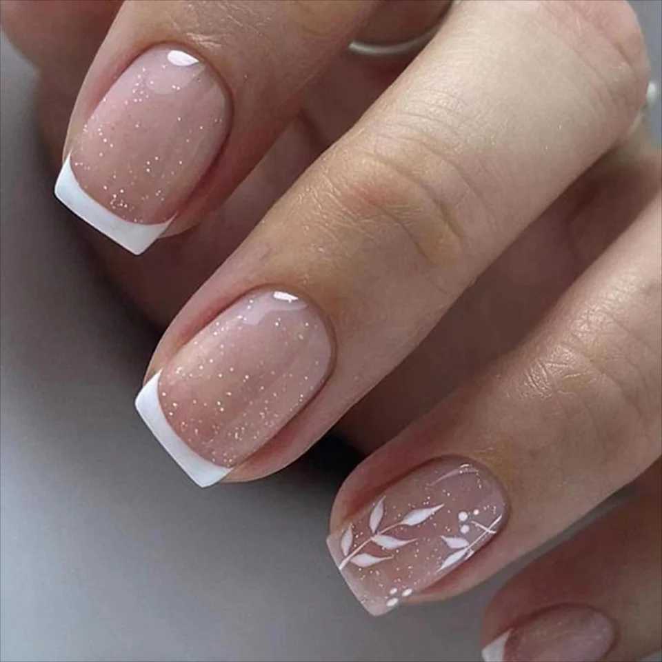 24 pieces/set short size French simple sparkling pink leaf girl fully covered wearable fake nails W250410