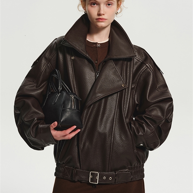 Lautaro Spring Autumn Cool Brown Oversized Pu Leather Jacket Women Long Sleeve Zip Up Luxury Designer American Retro Clothing 251105