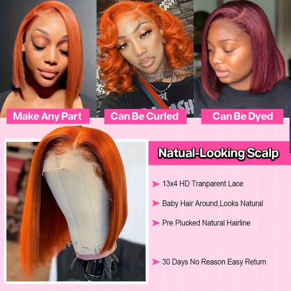 Wigs For 13X4 HD Frontal Straight Bob Orange Ginger Wig Lace Front Human Pre Plucked Hairline With Baby Hair Brazilian #350