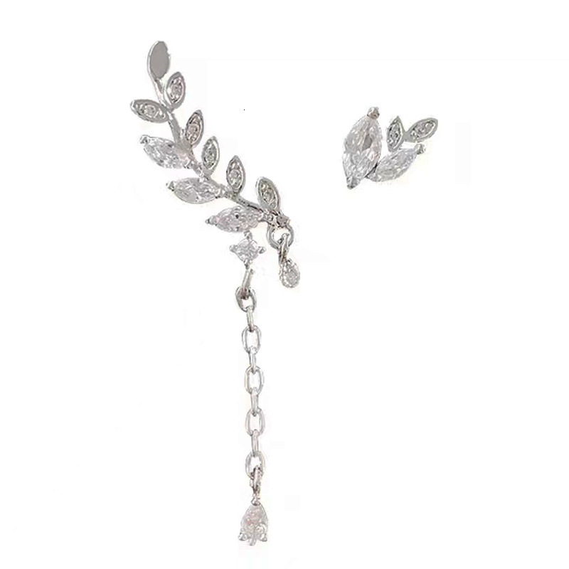Fashion Asymmetric Copper Inlaid Zircon Leaf Earrings for Women