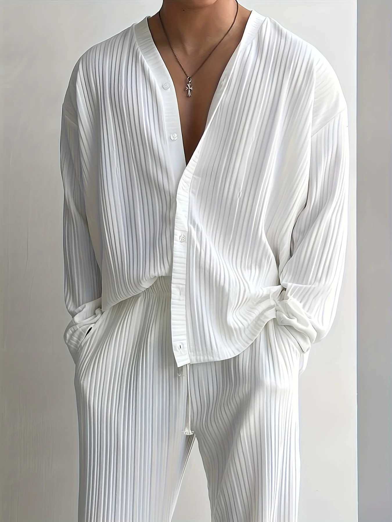 New mens commuter two-piece set casual button-down shirt long sleeve pants cool mens summer suit - the best choice for casual W251110