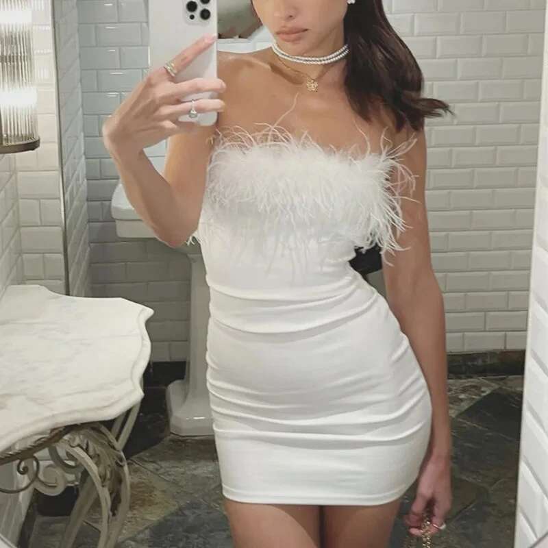 Wheremery Feather Ing Tube Dress Autumn Evening Party Club Strapless Mini Dresses Sexy Backless Bodycon Vestidos 2024