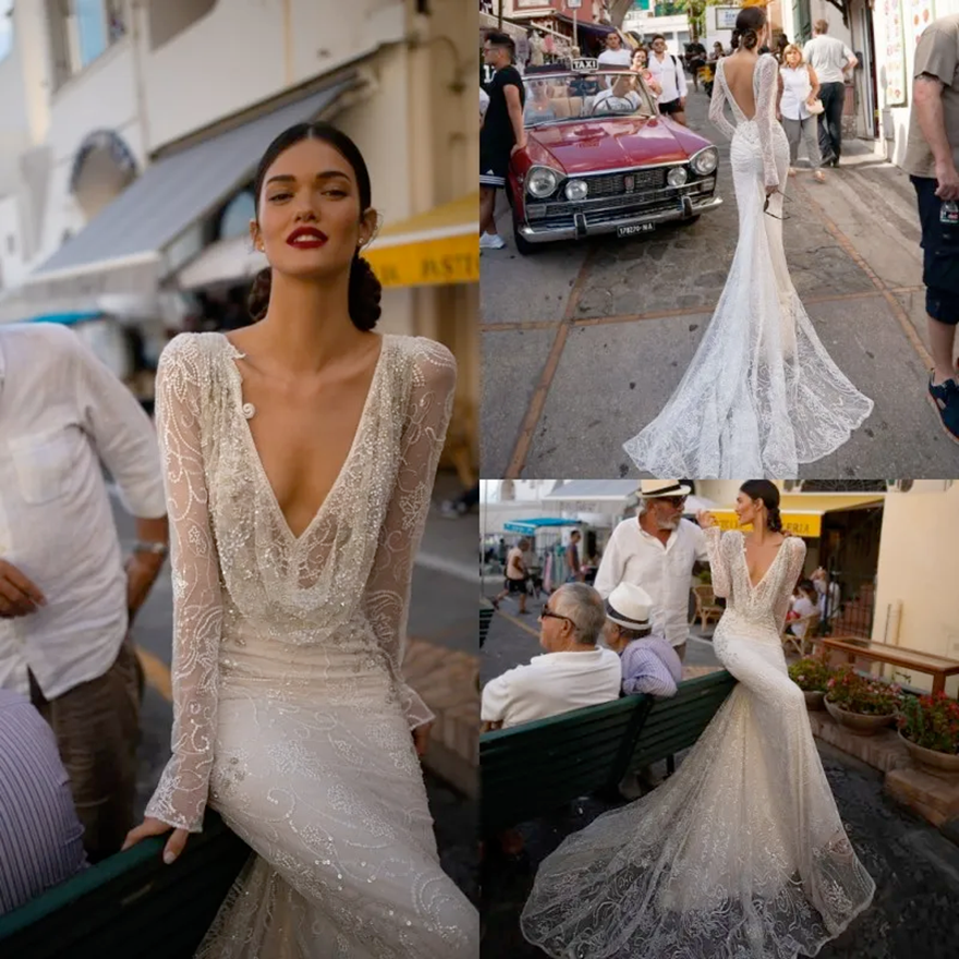Inbal Dror 2025 Wedding Dress V Neck Sequined Lace Mermaid Bridal Gowns Long Sleeves Backless Beach Wedding Dress Custom