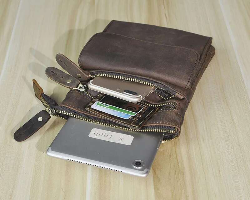 Top Quality Crazy Horse Leather Male Casual Design One Shoulder Messenger Bag Fashion 8" Satchel Summer Small Phone Bag 6553