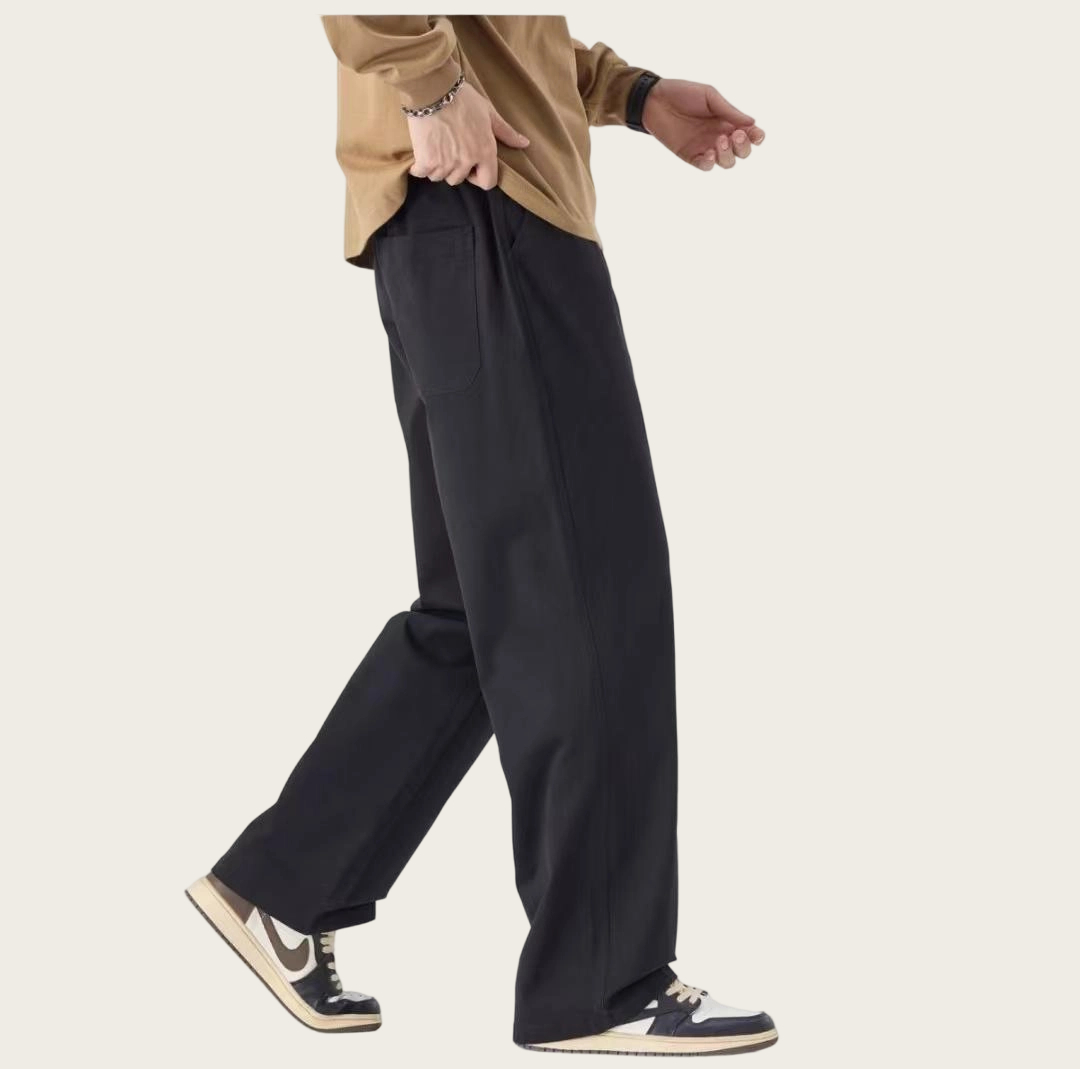 Men's Long-Length Black & Dark Gray Relaxed Straight-Leg Casual Pants 3608