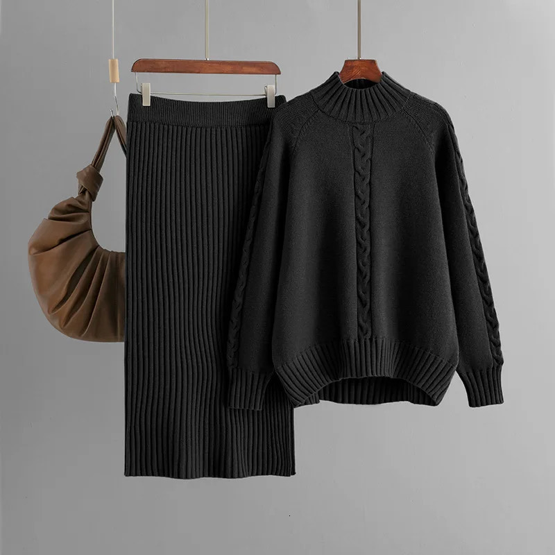 Fall Winter Knitted Sweater 2 Piece Sets Women Half Turtleneck Pullover Tops Conjuntos High Waist Slim Skirts Ensembles 251110