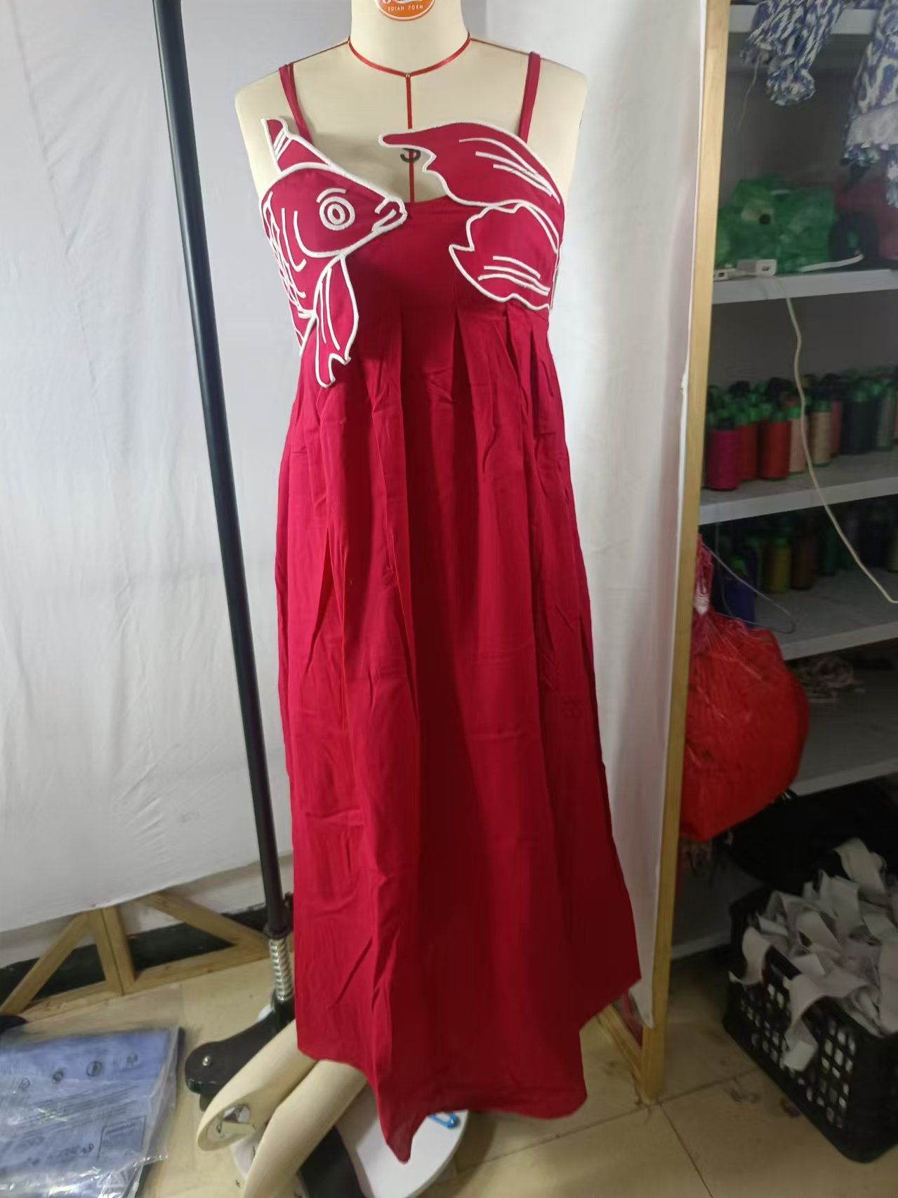 G461Elegant Red Suspender Dress with Pleats and Detailed Embroidery - Spring/Summer Collection