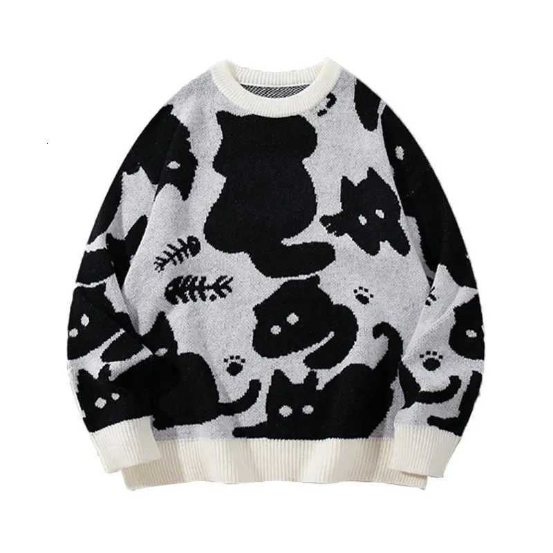 Fashion CALESECT Cartoon Black Cat Oversize Knit Sweater Y2K Aesthetic Jumper Loose Fit Streetwear Vintage Unisex Women Men Pullover Top Y251110