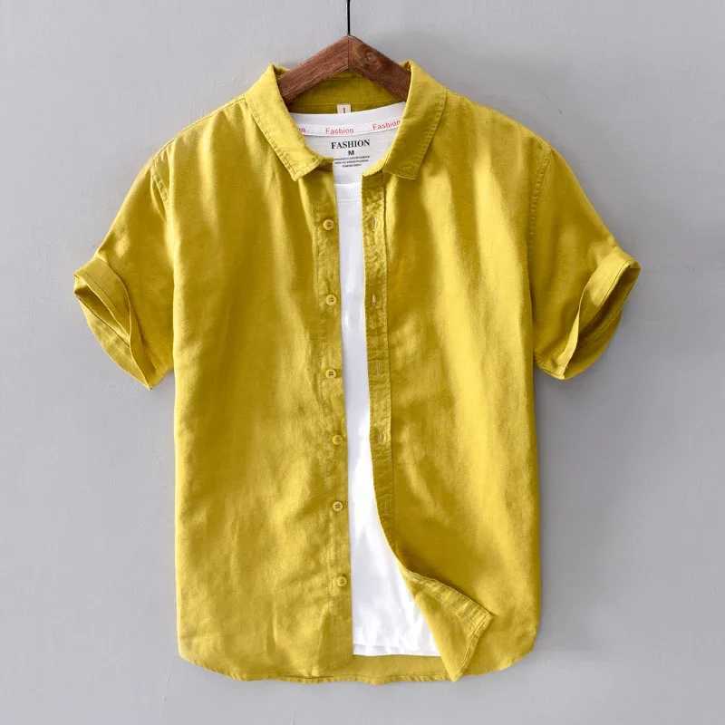 Cotton linen short sleeved mens casual fashion yellow lapel mens summer classic basic clothing X250410