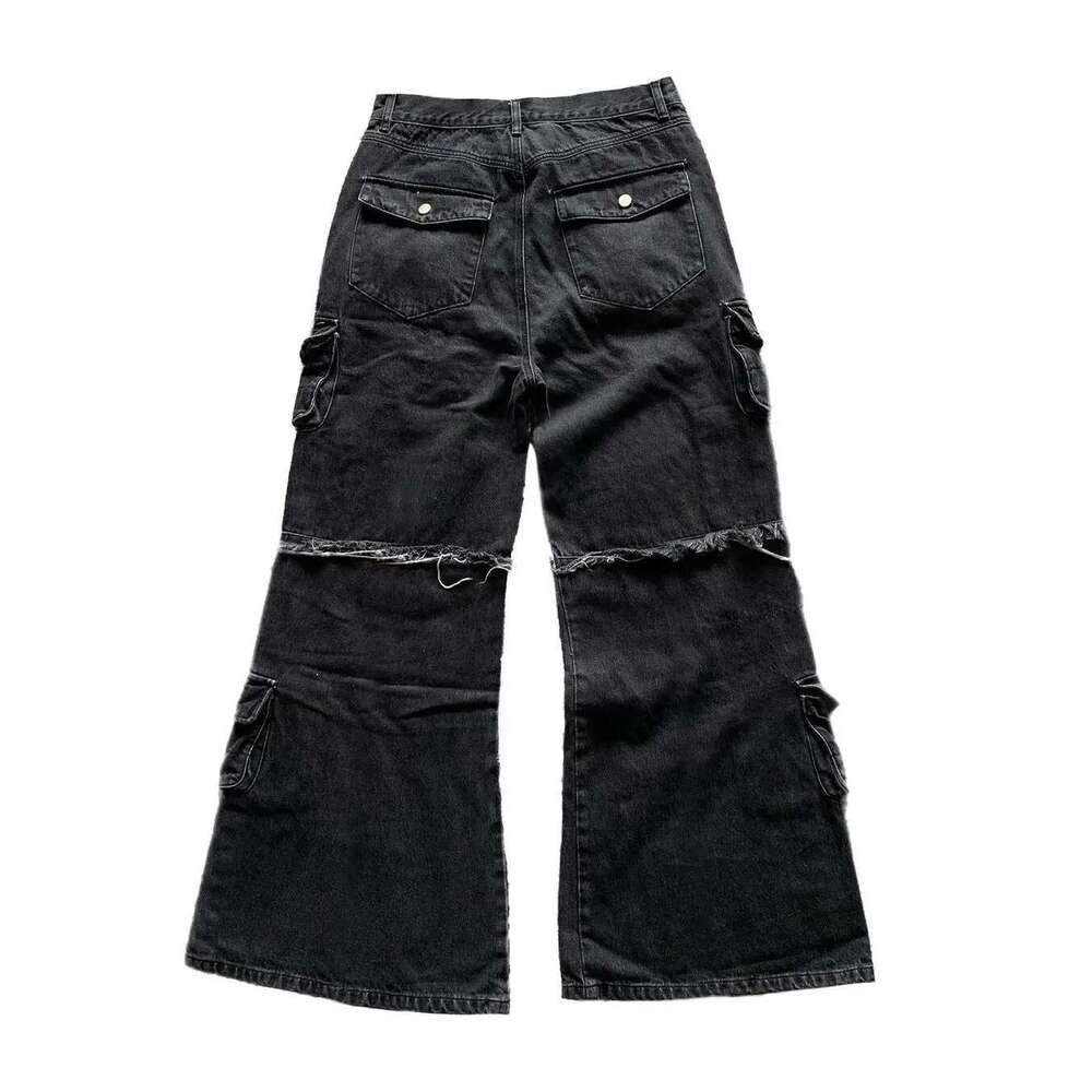 Gothic Haruku Y2k Multi-Pocket Washed Black Jeans Men Fall Loose Drag Street Hip Hop Rap 90S Spice Girls Wide Leg Pants