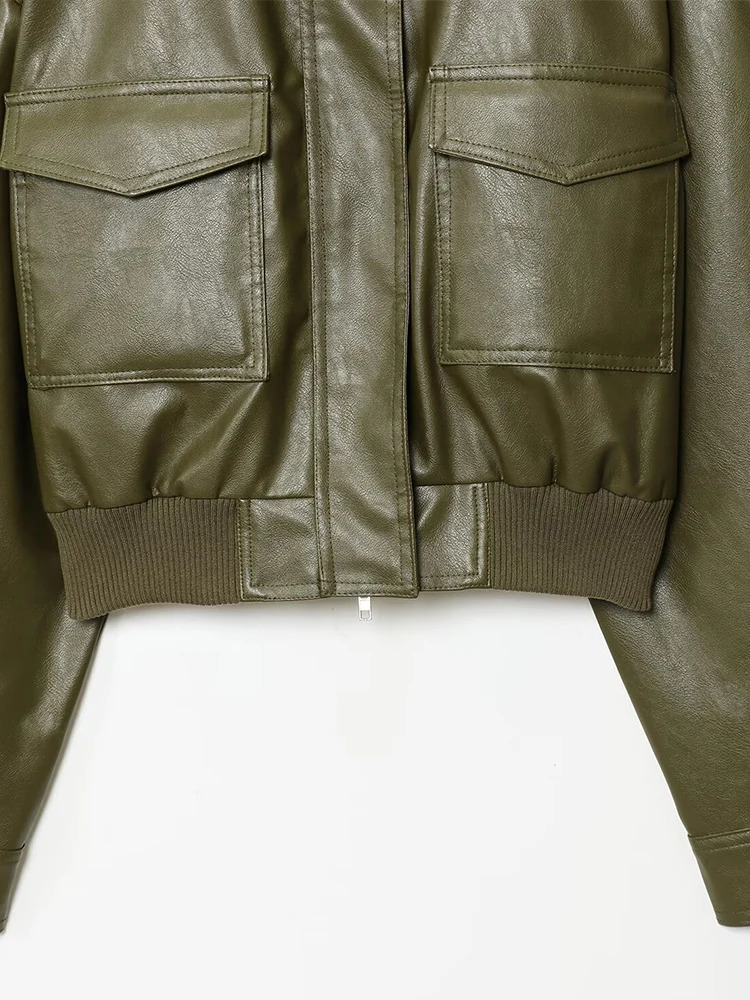 European and American style autumn womens clothing versatile leather stand collar long sleeve short jacket 251103