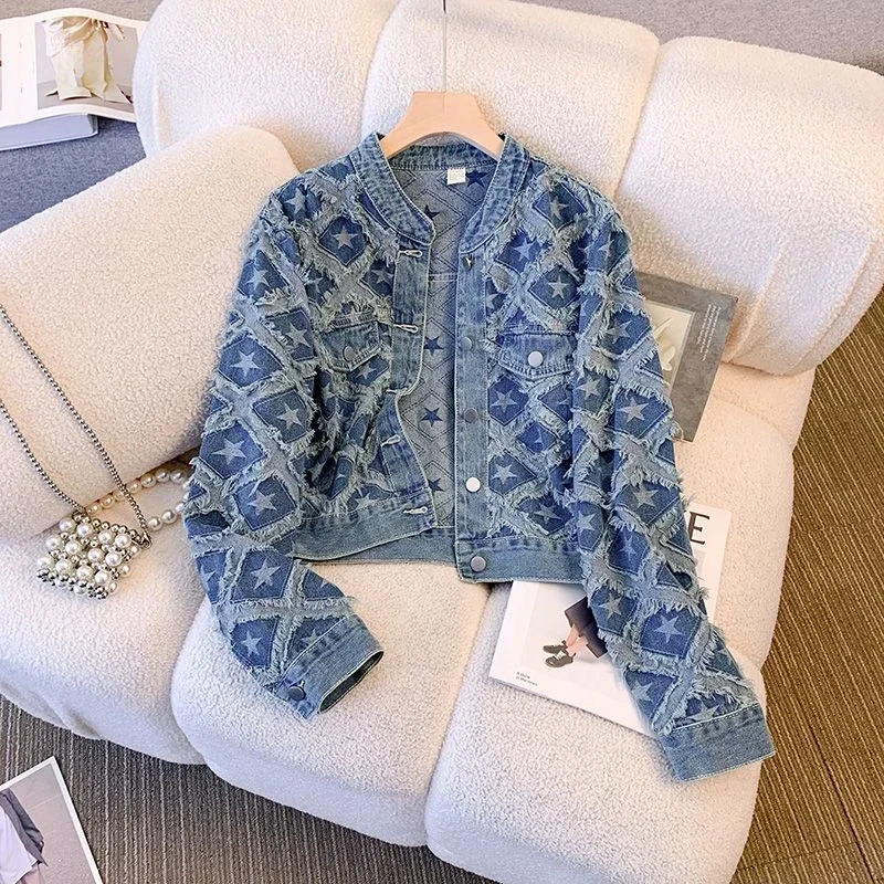Y2k jacket crop top tassel star print single chest denim jacket autumn full matching retro womens denim jacket 250409