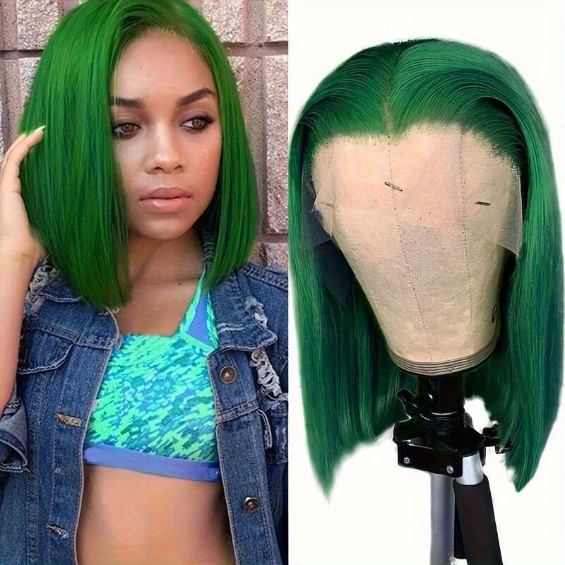 Colored 13X4 180% Density Dark Green Bob Wig Straight Lace Front Human Hair Wigs For Women