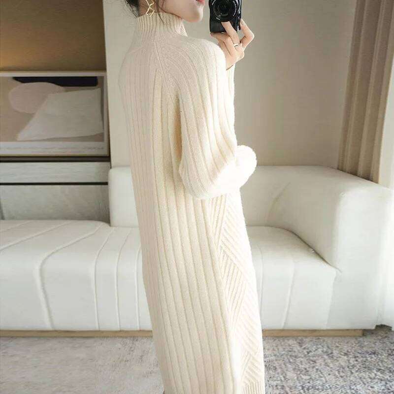 Long Sleeve Bottoming Knitted Autumn Winter Warm Korean Turtleneck Straight Sweater Dresses Women Casual Knee-Length