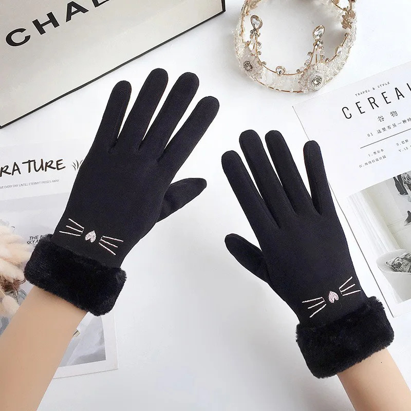Winter Female Cashmere Warm Suede Leather Cycling Mittens Double Thick Velvet Plush Wrist Women Touch Screen Driving Gloves 251106