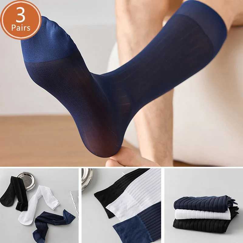 3 pairs of mens long silk socks thin nylon strips breathable and soft below Kn calf wearing crew socks gentleman X250410