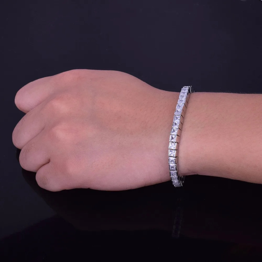 5mm Iced Out Baguette Tennis Bracelet Men Hip Hop Jewelry Copper Material Box Clasp Square Silver Color Link 18cm 250408