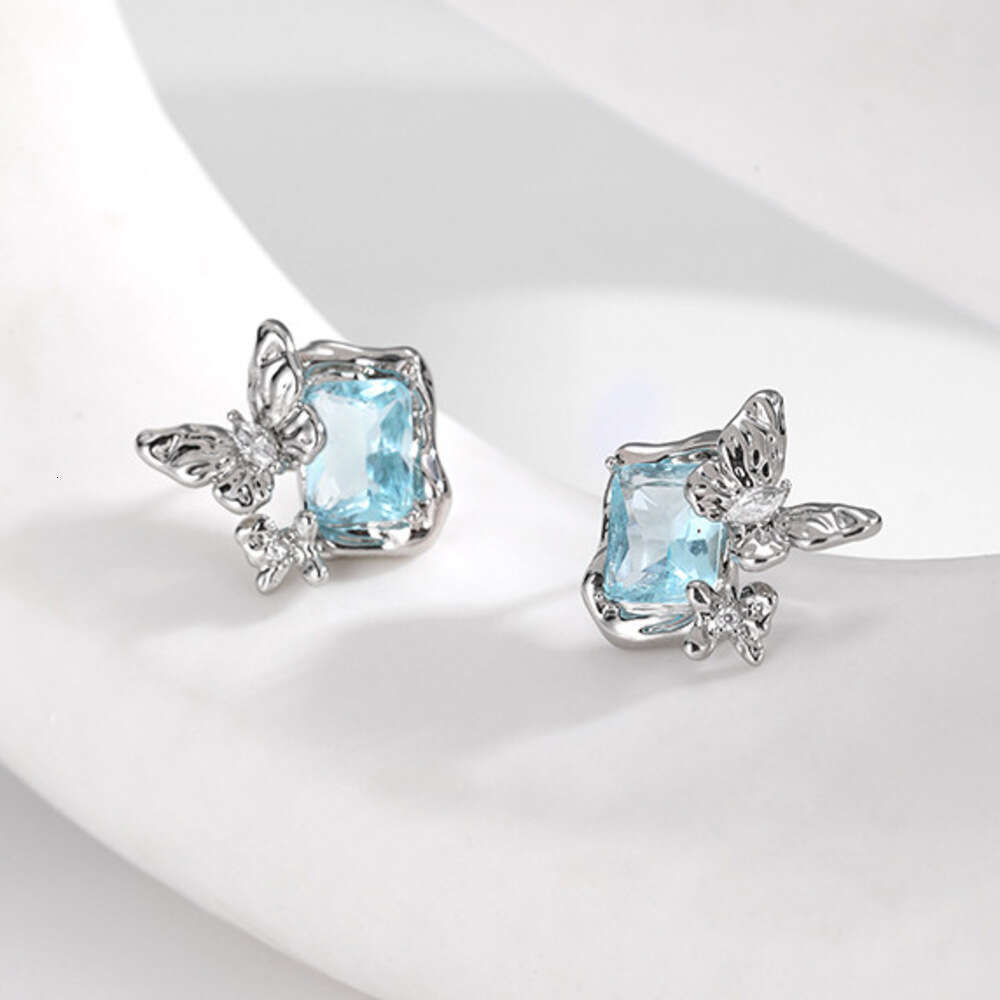 Original Exquisite Blue Zircon Butterfly for Women Geometric Square Simple Design Sweet Cool Style Personality Earrings