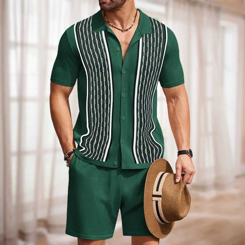 Summer mens luxury knitted track set casual short sleeved solid color shirt+shorts 2-piece popular knitted set X250410