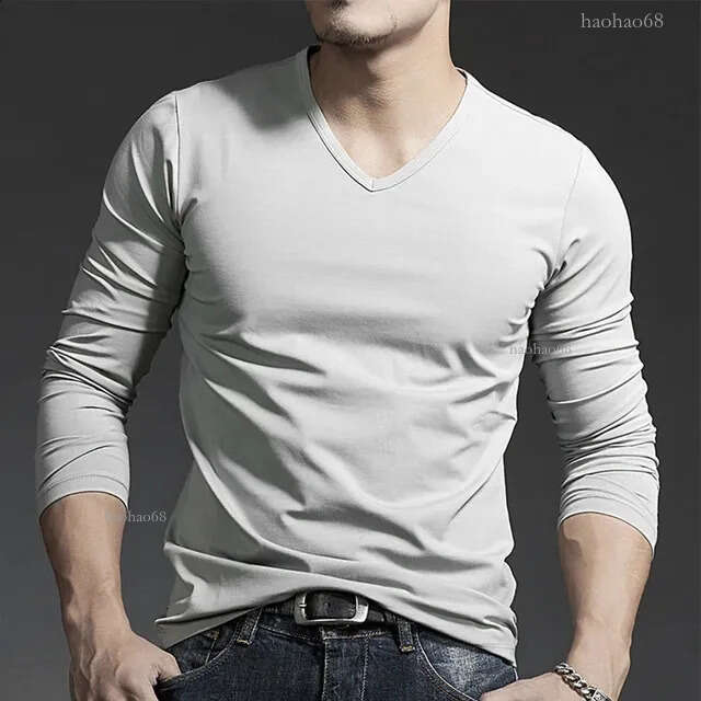 Men's T-Shirts Men's Tees & Polos Casual Mens Long Sleeves V Neck Slim T-Shirt Solid Color Activewear Tops Tee Undershirt Free shipping Men&