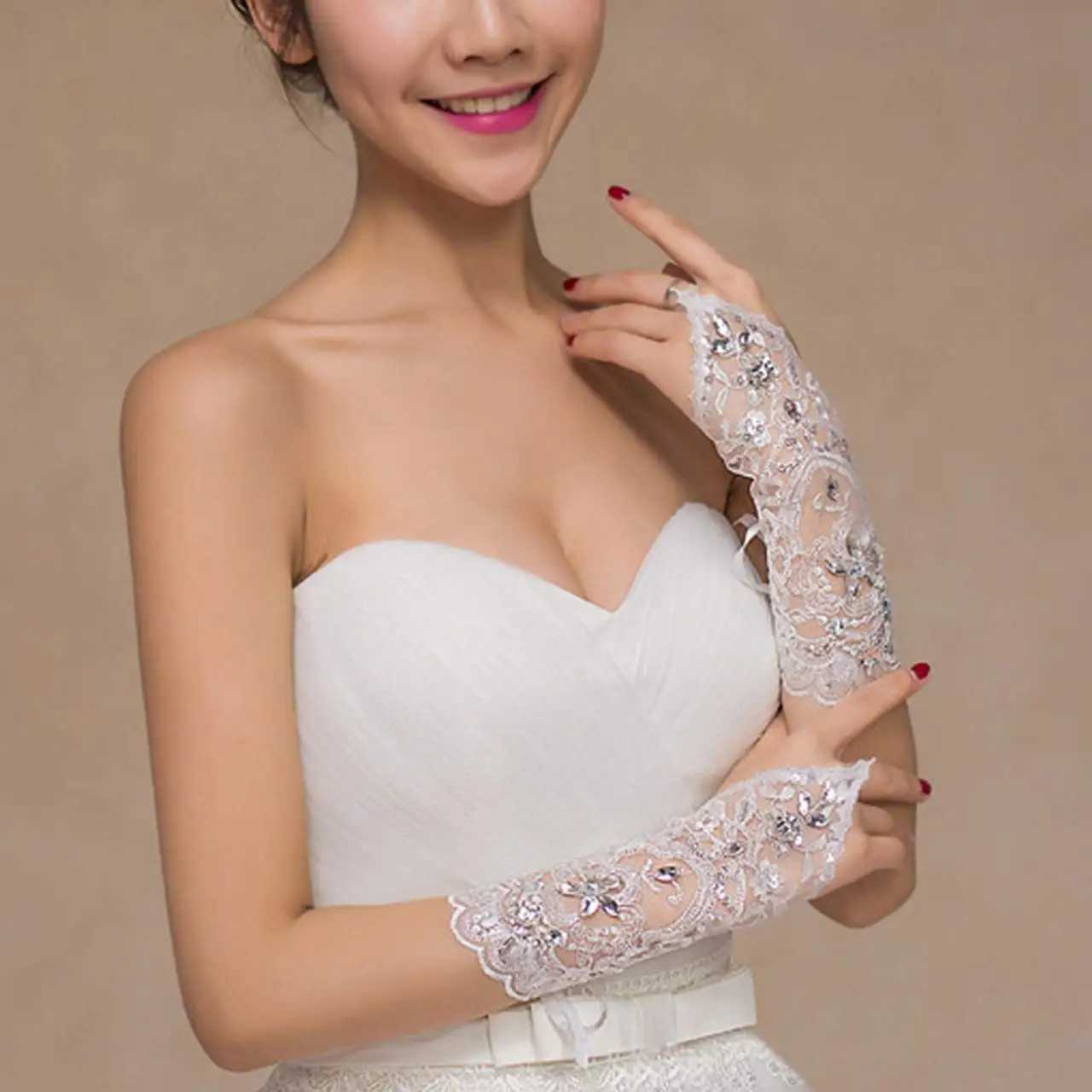 Women Wedding Lace Gloves Bridal Fingerless Gloves Crystal Sequins White Hook Finger Drawstring Gloves L251110