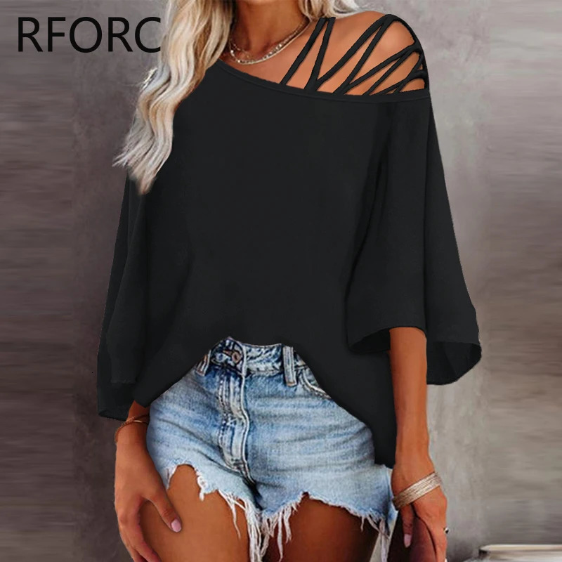 Womens Fashion Solid Batwing Sleeves Single Shoulder Criss Cross Loose Fit Shirt Top 250410