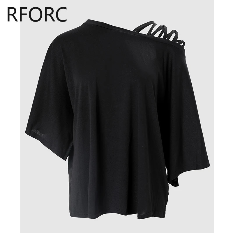 Womens Fashion Solid Batwing Sleeves Single Shoulder Criss Cross Loose Fit Shirt Top 250410