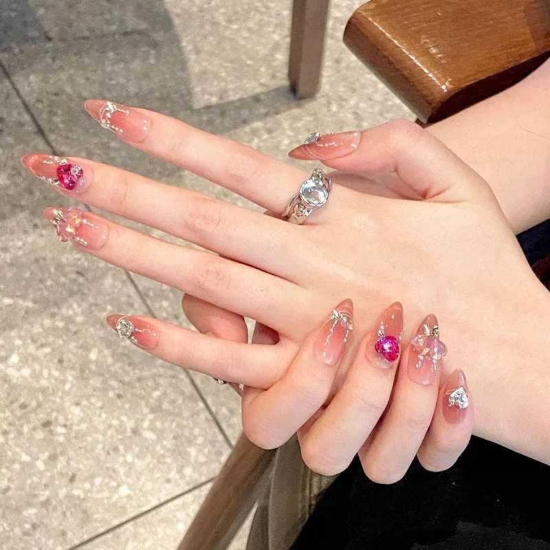 0pcs Cat Eye French Short Almond Handmade Fake Nails with Diamond Decorative Design Simple and Fashionable Pressing Fake Nails W250410