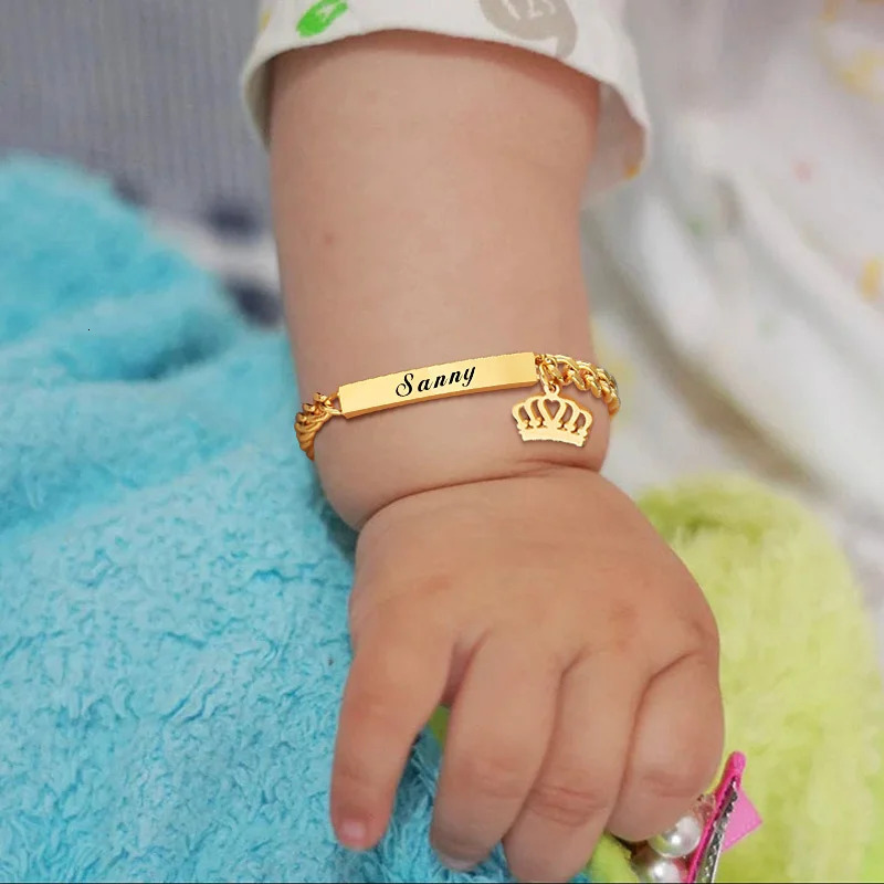 Customized Name ID Bracelet Gold Plated Boy Gift Stainless Steel Curled Chain Link Crown Bracelet Non Allergic 250408