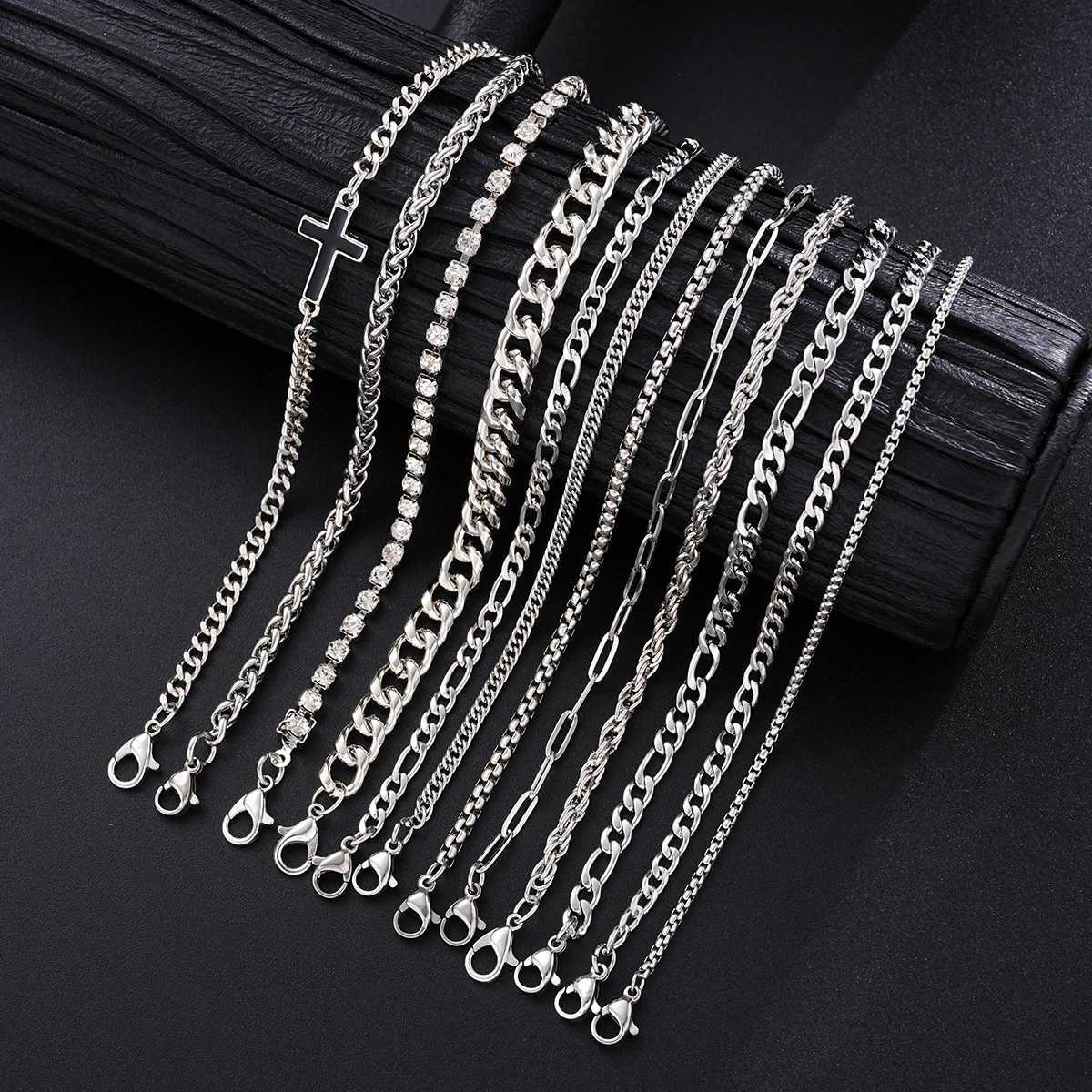 Simple Stylish Punk Hip-Hop Stainless Steel Cross Rhinestones Chain Bracelet Set for Men Women Vacation Date Casual Jewelry GiftT251110