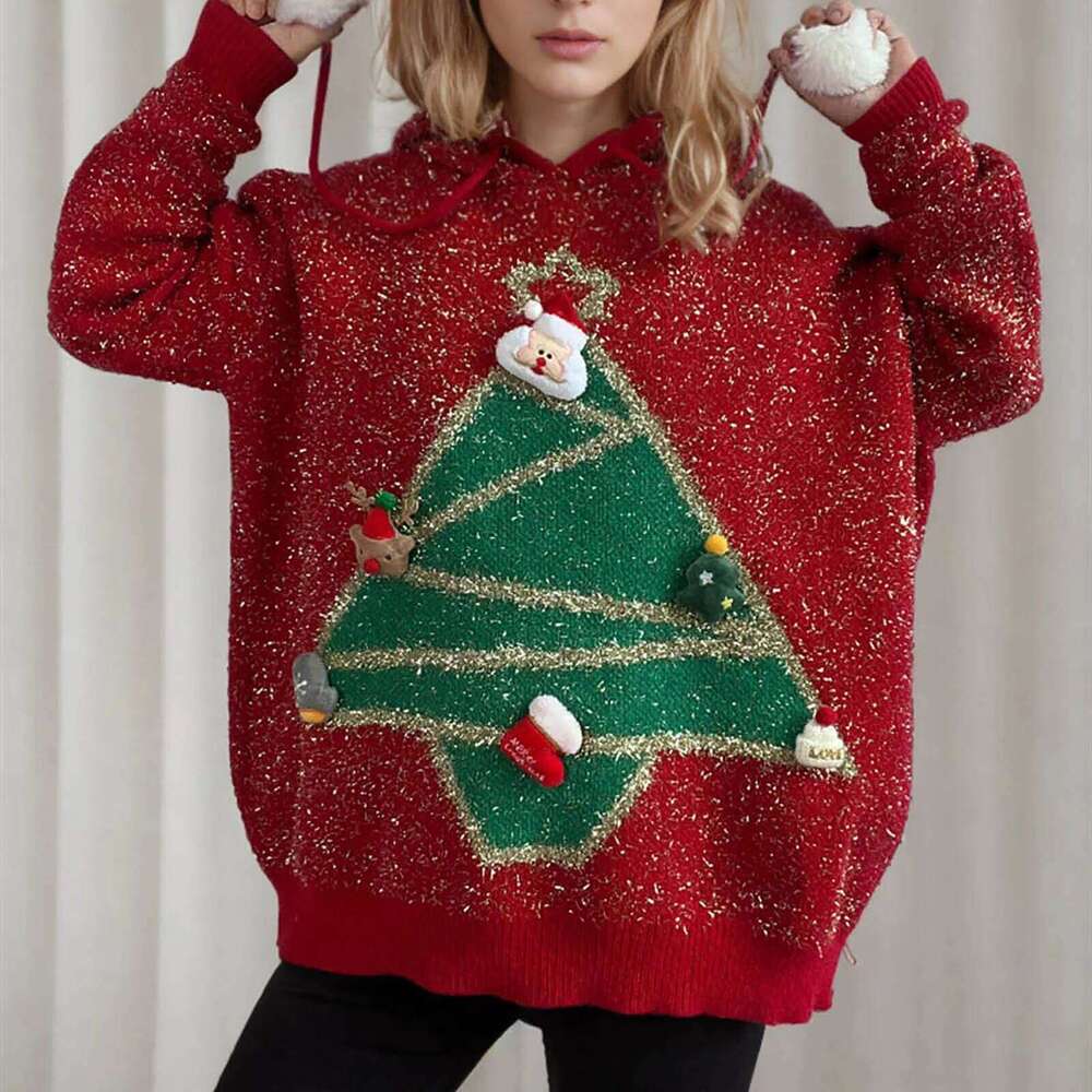 Women Retro Christmas Tree Hooded Sweater Autumn And Winter New Loose Women's Shirts Fashion Elegant Long Sleeve Top Designer Sweater Women