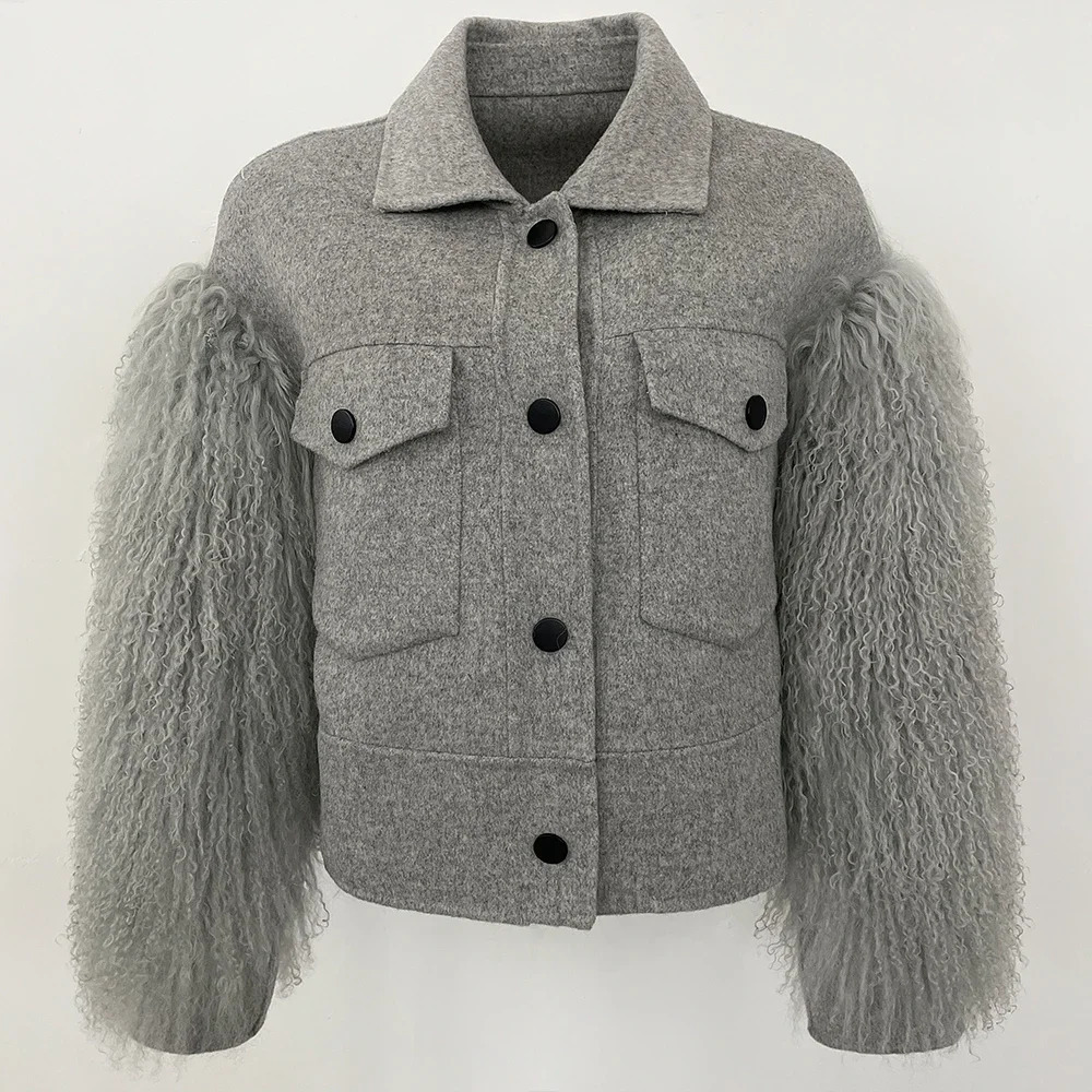 Real Mongolian Fur Female Reality Jacket Autumn Cuffs Wool Coat Pocket Full Sleeves Outerwear Cropped Blend Women 251110