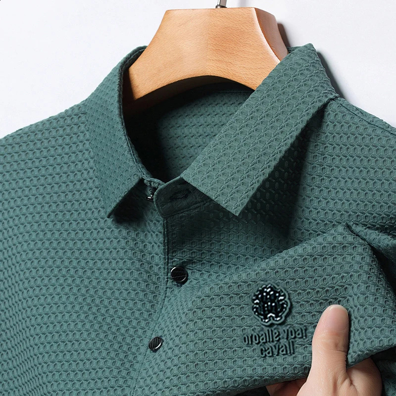 Ice Silk Fashion Embroidery Summer Mens Lop-up Hollow Short-sleeved Polo Shirt Breathable T-Shirt Male Clothes 250407