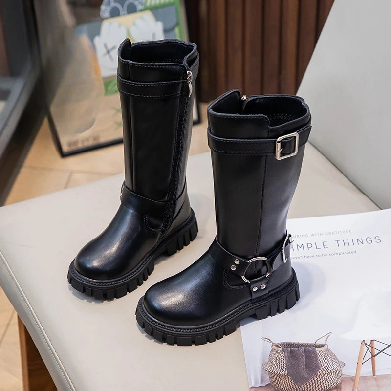 Winter Kids Fashion Boots Black School Girls Catwalk Boots Matte PU Non-slip Children Causal Cotton Boots Long High Versatile 251104