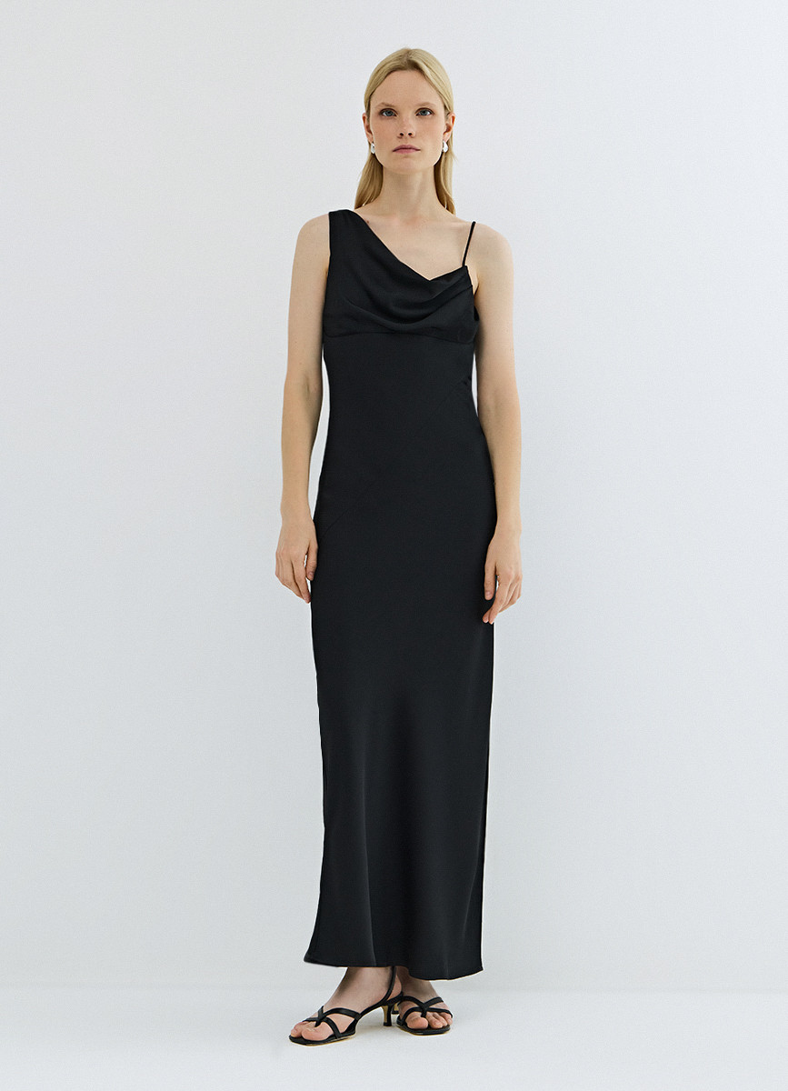 Women's Black Asymmetrical Neck Sleeveless Dress, Fitted Maxi Length Hidden Zipper Gown