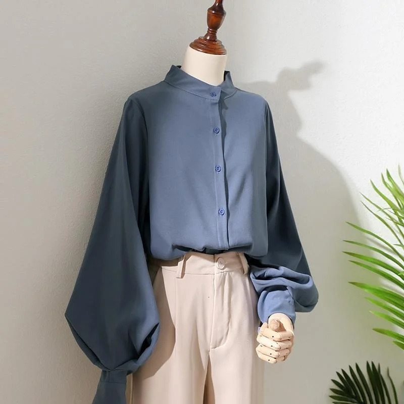 Womens Spring and Autumn style shirt womens long lantern sleeve stand collar loose blue top DF4847 250409