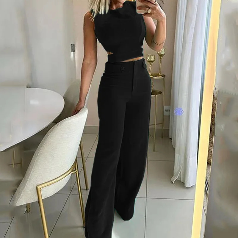 Two Piece Sets Women Splice Tops Sleeveless Button Pants Set Slim Fit Casual Straight Trousers Solid Office Lady Spring 250408