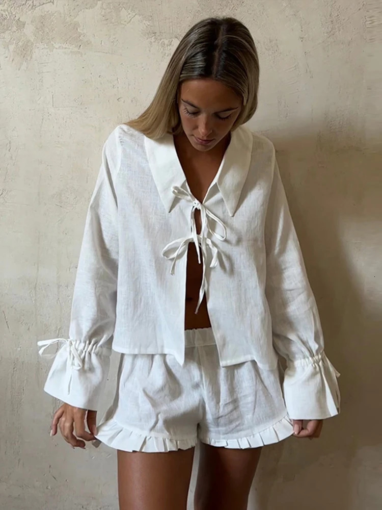 Solid color linen lace top bow shirt for women short sleeved top lapel lantern sleeve shirt pleated pants summer women 2-piece set 250409