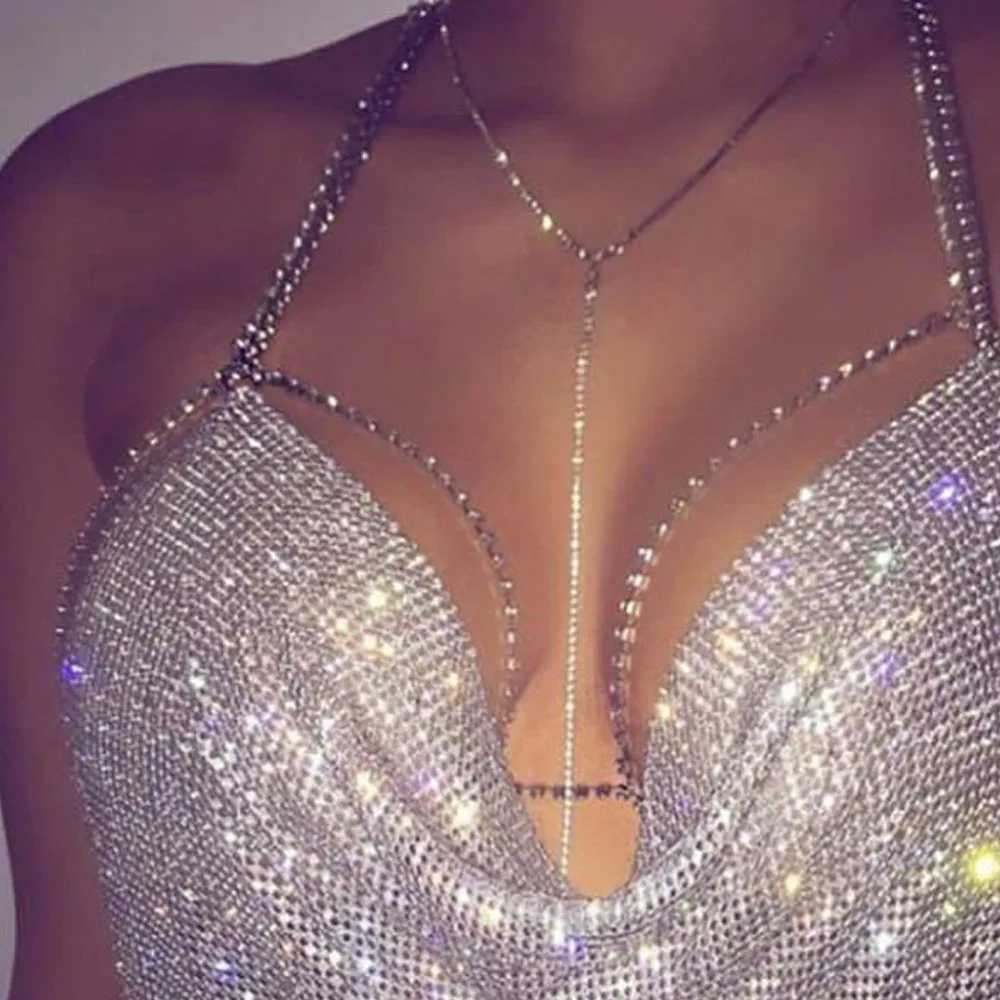 Simple chest chain jewelry party nightclub top necklace used for Wan Body chain sexy shiny crystal bikini bust high-quality X250410