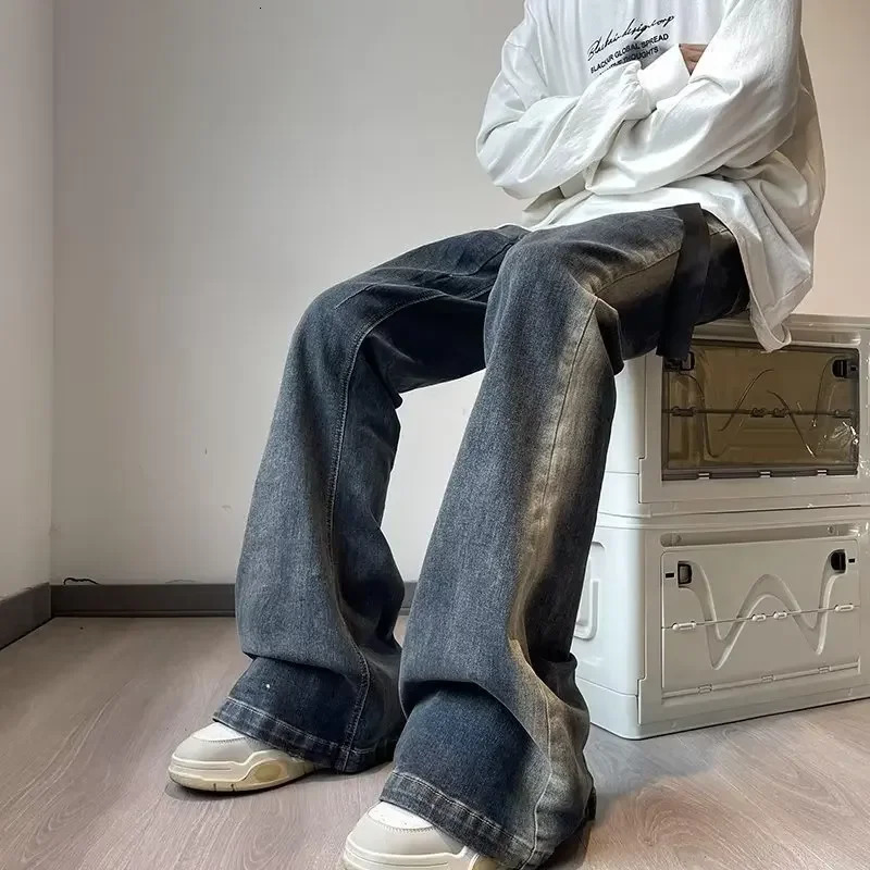 American style trend gradient washed jeans mens loose fitting long pants bell bottoms fashionable niche street wear 250408