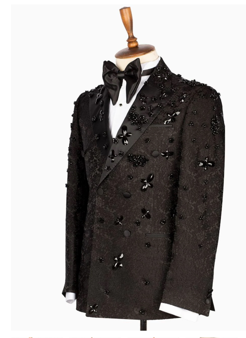 Luxury Men's Suit Tailored Peaked Lapel Rhinestone Beaded Jacquard Blazers Groom Jacket for Wedding Groom Double Breasted 2 Pieces Set Custom Mad