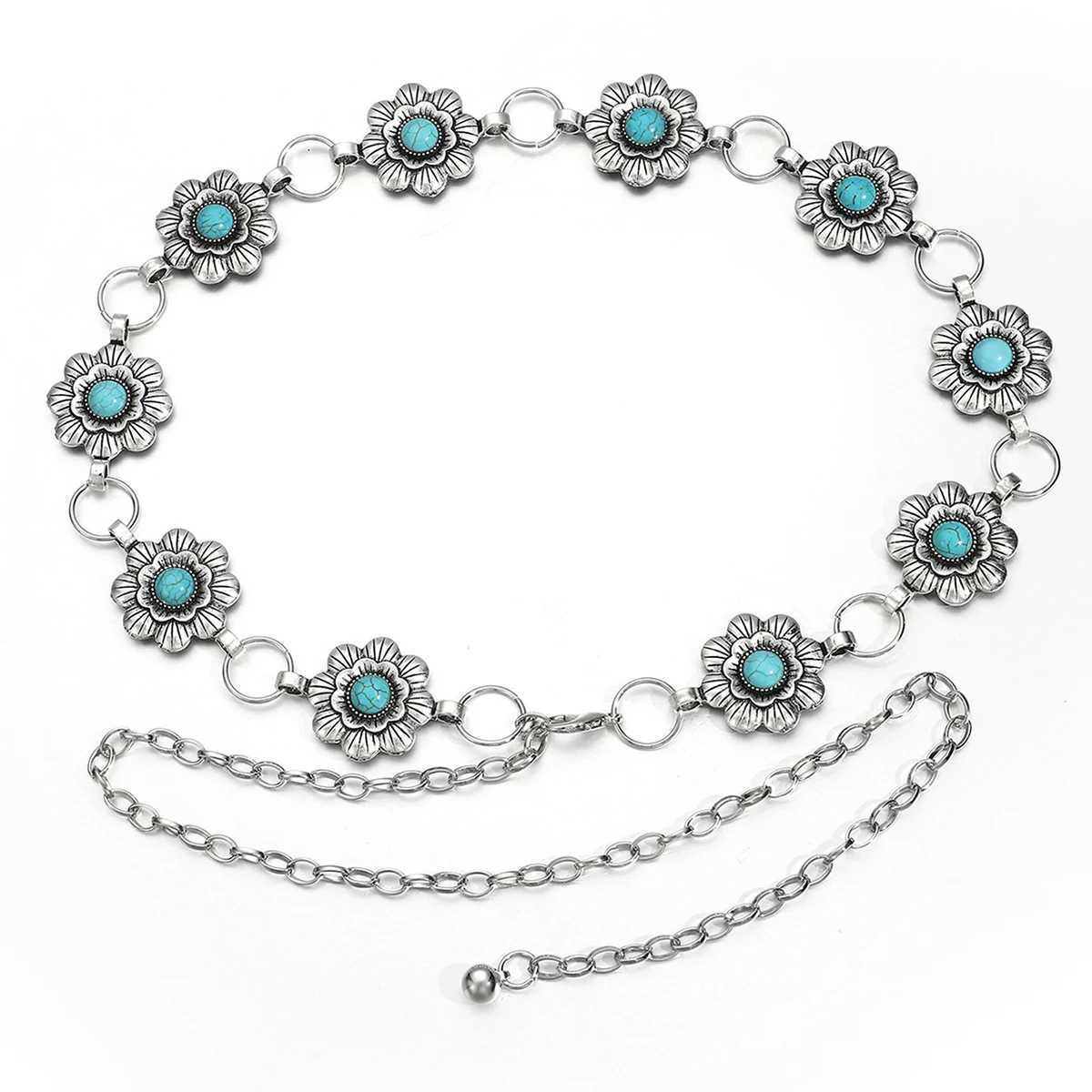 Bohen Retro Love Carved Turquoise Ladies Silver Waist Chain X250410