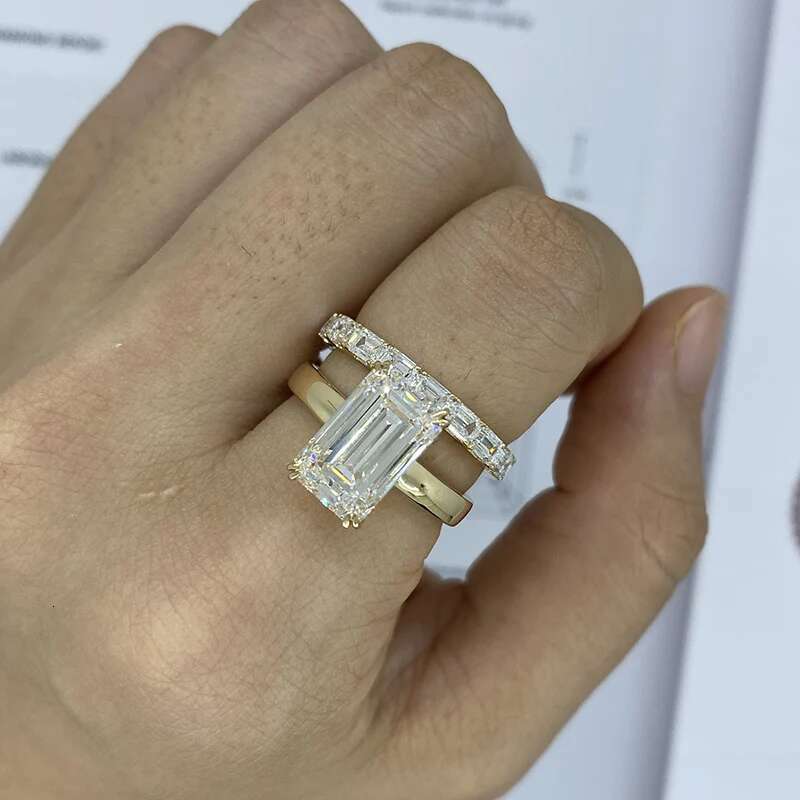 Solid 14k Gold Ring Set Emerald Cut 5 Carat Diamond DEF VS-VVS CVD HPHT Lab Grown Diamond Engagement Wedding Band For Woman IGI