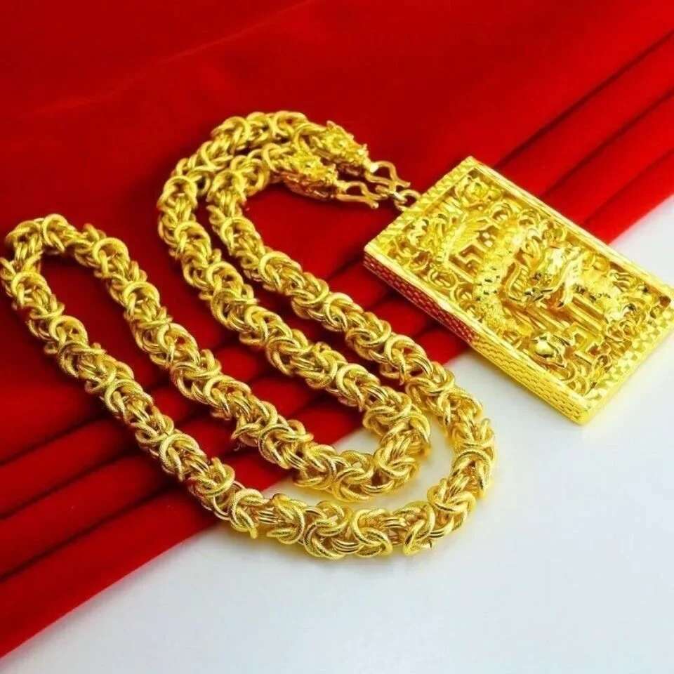 9999 Real Gold Pendant with Powerful and Explosive Coarse Fabric Pattern Dragon Chain Head Necklace for Men