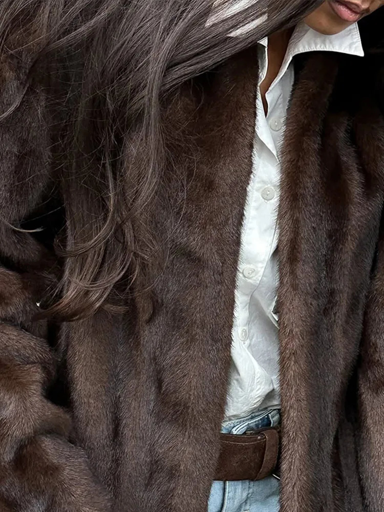 Women Casual Brown Faux Fur Jacket Plus Turtleneck Full Warm Long Sleeve Loose Coats Lady Winter Commute Street Wear 251110